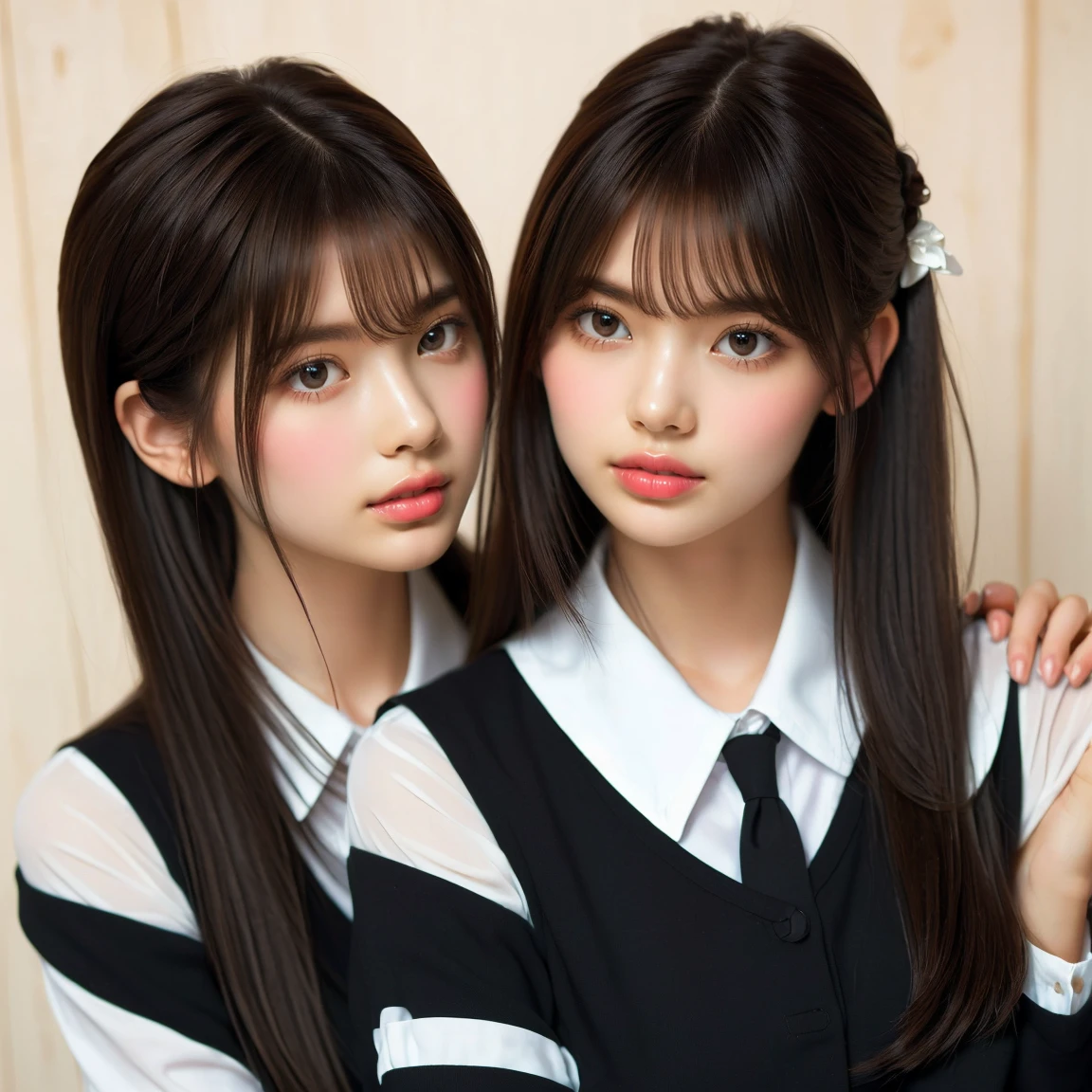 (Close up portrait of twin-tailed hair girl with slender small breasts in summer uniform:1.3)、(without background:1.3)、(tre anatomically correct:1.3)、(complete hands:1.3)、(complete fingers:1.3)、Photorealsitic、Raw photography、masutepiece、top-quality、Hi-Res、delicate and pretty、face perfect、Beautiful detailed eyes、Fair skin、Real Human Skin、pores、((thin legs))、(Dark hair)、(two beautiful girls are deeply in love, kiss:1.7)