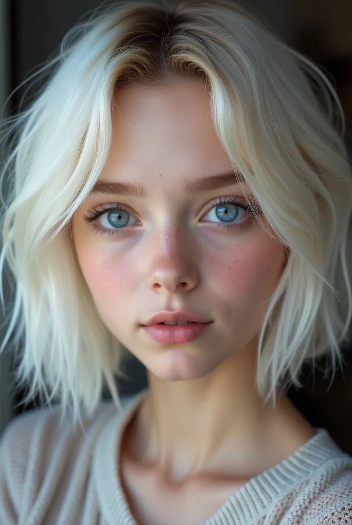 Bright expression、Photorealism、Highest quality、Ultra-high resolution、The most beautiful Scandinavian girls photos、Cute and beautiful face details、Small face、、Big Breasts、thin、、Translucent white skin、Big bright blue eyes、Short Bob、Cowboy Shot、Hair Catalog