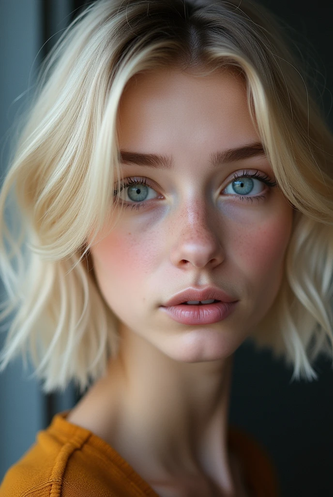 Bright expression、Photorealism、Highest quality、Ultra-high resolution、The most beautiful Scandinavian girls photos、Cute and beautiful face details、Small face、、Big Breasts、thin、17 years old、Translucent white skin、Big bright blue eyes、Short Bob、Cowboy Shot、Hair Catalog