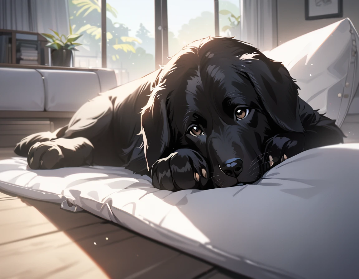 (masterpiece)、(absurdres)、(ultra detailed)、(8k)、(Black Labrador Retriever lying down)、closed eyes,Modern Living Room、Sunshine、