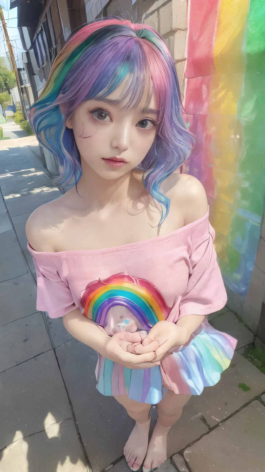 (Pink Fashion T-Shirt:1.9)、(colorfulな髪:1.8)、(All the colors of the rainbow:1.8)、((((Portrait:1.6)))、(Picturesque:1.6)、frontage、Big eyes、Clear eyes、(虹色のGradationハイポニーテール:1.7)、Exquisite makeup、Mouth closed、(Small fresh:1.5)、(Wipe the chest:1.6)、Long-term、A man wearing a white off-the-shoulder T-shirt with tears in his eyes、(Rainbow Hair:1.6)、An explosion of colors, Messy Lines, ((Shine)), (colorful), Chic paint style, (Splashes of color), Portrait, Browsing Caution、 Paint splashes, Acrylic Pigments, Gradation, Depth of written boundary, facepaint, colorfulな服, (elegant: 1.2), nice,Hair length, Wind, (elegant: 1.3), (petal:1.4)、(((masterpiece)))、(((Highest quality)))、((Ultra-detailed))、(Dynamic Angle)、((plankton))、(paint)、((Disheveled Hair))、(solo)、((Beautifully detailed face))、Shoulder pain、Gray Hair、((colorfulな髪))、(((Striped Hair))、Beautiful and fine details、(Gradationカラーの目)、((Clatter toes))、(colorfulな背景))))、((((High saturation))))、(((colorfulな水しぶきに囲まれた)))