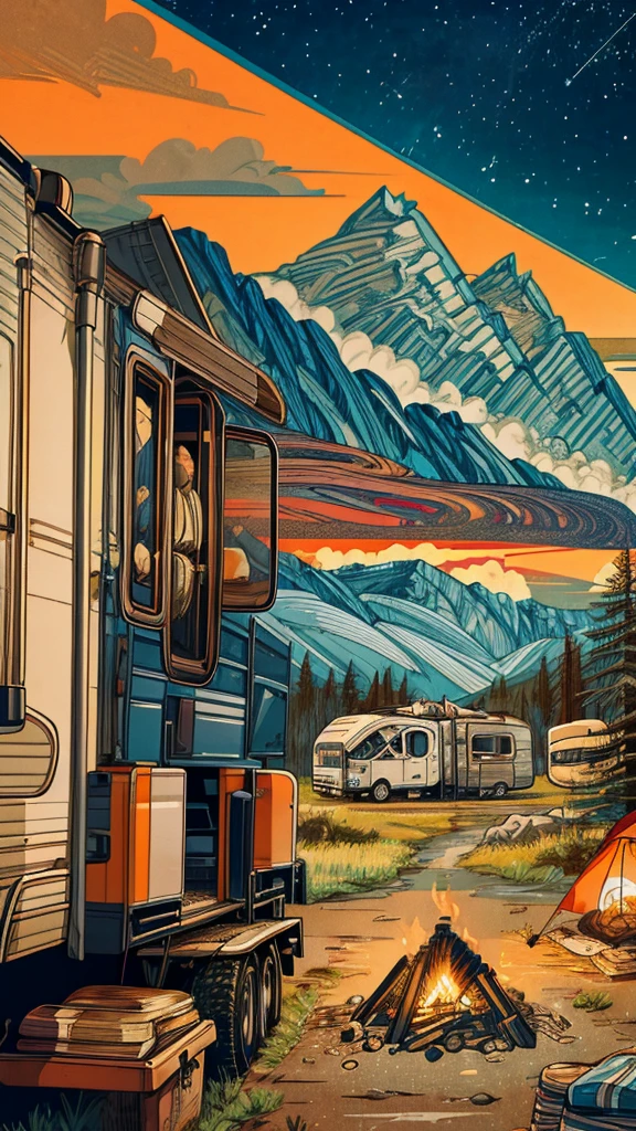 A motorhome parked next to a campfire, evening, illustrative animation style, beautiful digital illustration, awesome digital illustration, ( ( ( ( ( y mumford ) ) ) ) ), Featured on IllustrationX, Illustration of dribbling, beautiful retro art, wonderful compositions, camping, detailed landscape art, in the style y mumford artwork, simon stålenhag color scheme