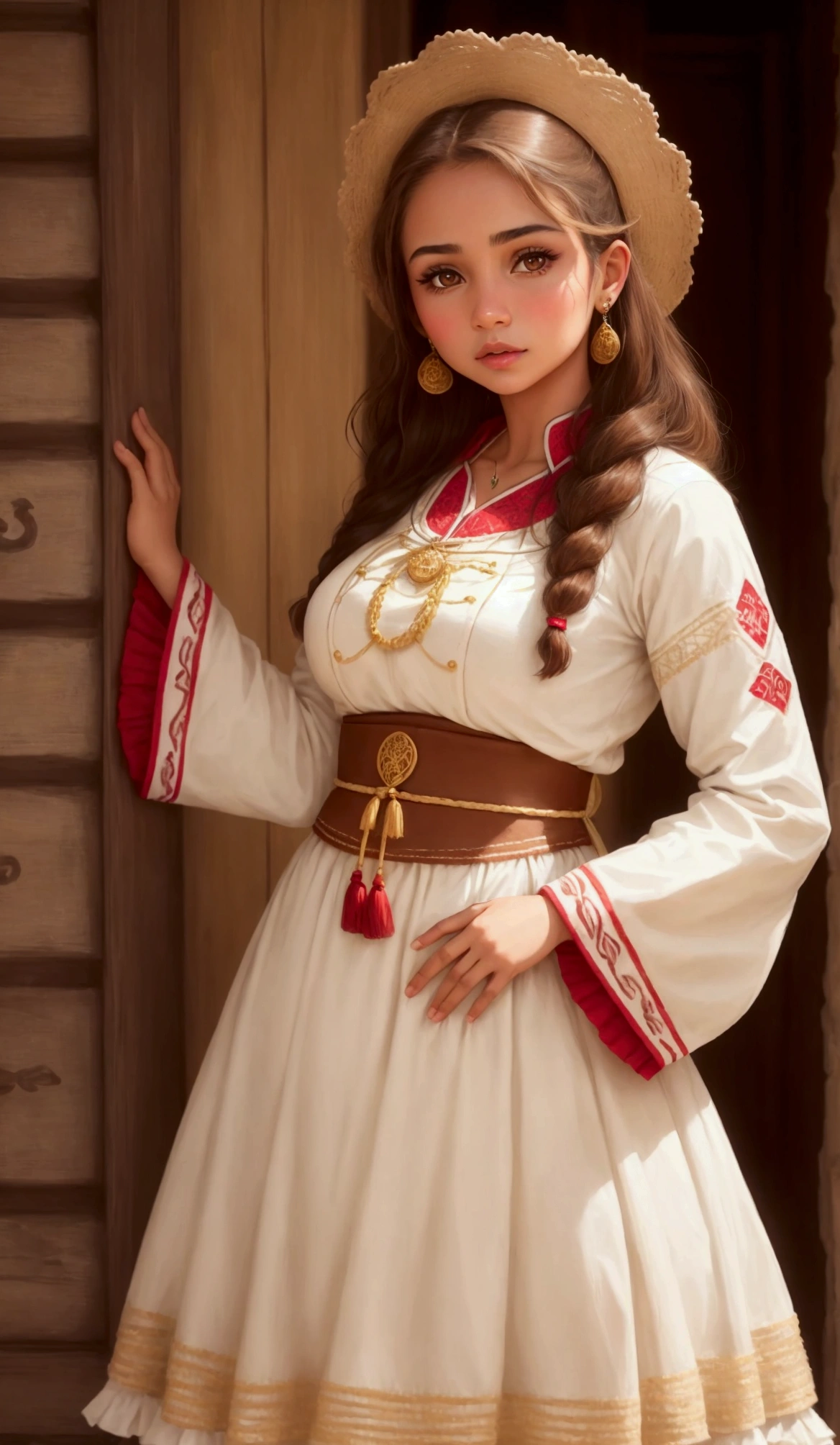 Latina girl with white skin and brown hair,Brown eyes,dressed in traditional Colombian clothing,Disney Style