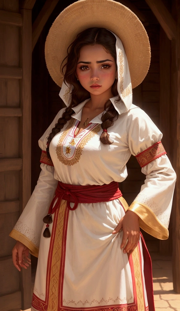 Latina girl with white skin and brown hair,Brown eyes,dressed in traditional Colombian clothing,Disney Style
