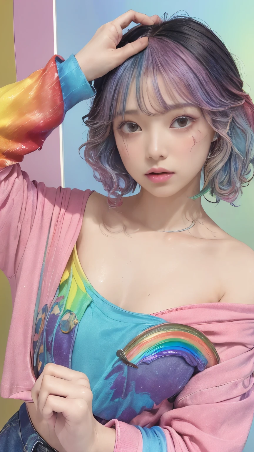 (pink fashion t-shirt:1.9)、(fancyな髪:1.8)、(all the colors of the rainbow:1.8)、((((portrait:1.6)))、(picturesque:1.6)、face、big eyes、clear eyes、(虹色のgradationハイポニーテール:1.7)、exquisite makeup、Shut up、(small fresh:1.5)、(Please wipe my chest:1.6)、Long term、A man with tears in his eyes wearing a white off-shoulder t-shirt、(rainbow hair:1.6)、explosion of color, messy lines, ((shining)), (fancy), Chic Paint style, (color pops), portrait, Browsing Caution、 Paint가 튀다, acrylic pigment, gradation, depth of written boundaries, facePaint, fancyな服, (elegant: 1.2), wonderful,Hair length, wind, (elegant: 1.3), (petal:1.4)、(((masterpiece)))、(((best quality)))、((very detailed))、(dynamic angle)、((plankton))、(Paint)、((disheveled hair))、(alone)、((A face with beautiful details))、shoulder pain、gray hair、((fancyな髪))、(((striped hair))、Beautiful, delicate details、(gradationカラーの目)、((My toes are tingling))、(fancyな背景))))、((((highly saturated))))、(((fancyな水しぶきに囲まれた)))