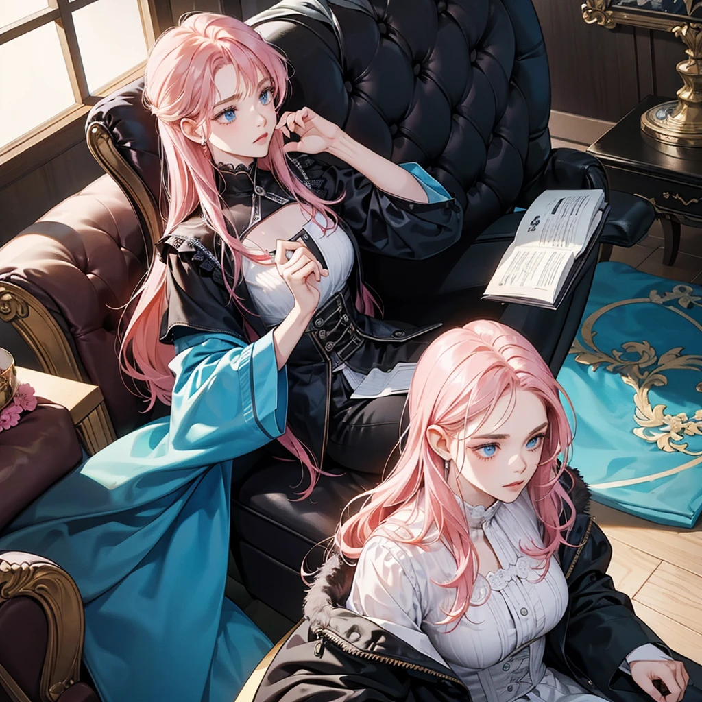 Main character: Aaron, with long pink hair, blue eyes. She is in the center of the cover.
facial expression: A mix of surprise and confusion, reflecting the contrast between his previous life and his new situation.
outfit: Modern and current clothing, with a style that highlights her transition from a difficult life to a new life.
bottom:
Left Half: A gloomy and messy environment, representing Sara's past life, with details such as a tall building and elements that reflect sadness and abandonment.
Right Half: A luxurious and elegant environment, representando la nueva vida de Aaron con su esposo en una casa de millonarios. Includes details such as luxurious furniture and a wheelchair.
Additional Elements: Un contraste claro entre ambos lados para destacar el cambio radical en la vida de Aaron. Add comic details to emphasize the comedic tone of the novel..