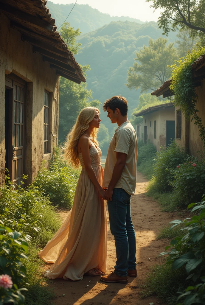 Generates an image of Maya Fritts, a 30-year-old blonde woman with light eyes, with Antonio, a 30-year-old man. The scene takes place on an abandoned Colombian farm called Hacienda Nápoles. It also creates an image of the farm. The atmosphere is nostalgic. It uses a realistic style. 