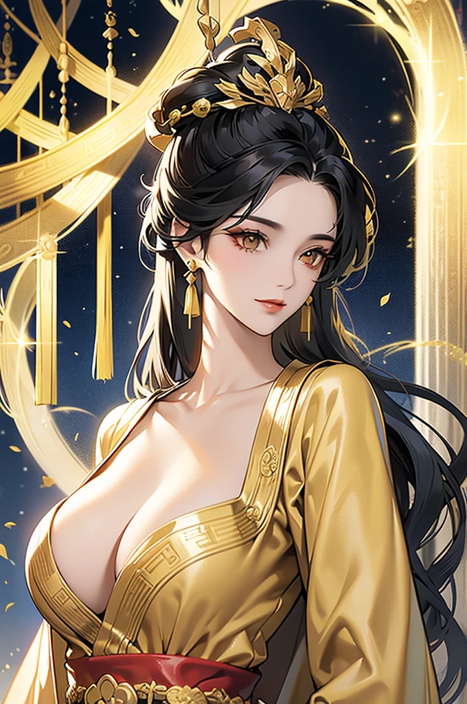 Black Hair, Immortal, Beauty, Royal sister, Stepmother, Gold Yellow Taoist robe, Golden Phoenix Coronet, Hair Bunch, Beautiful Breasts , Mature Woman,Sunshine