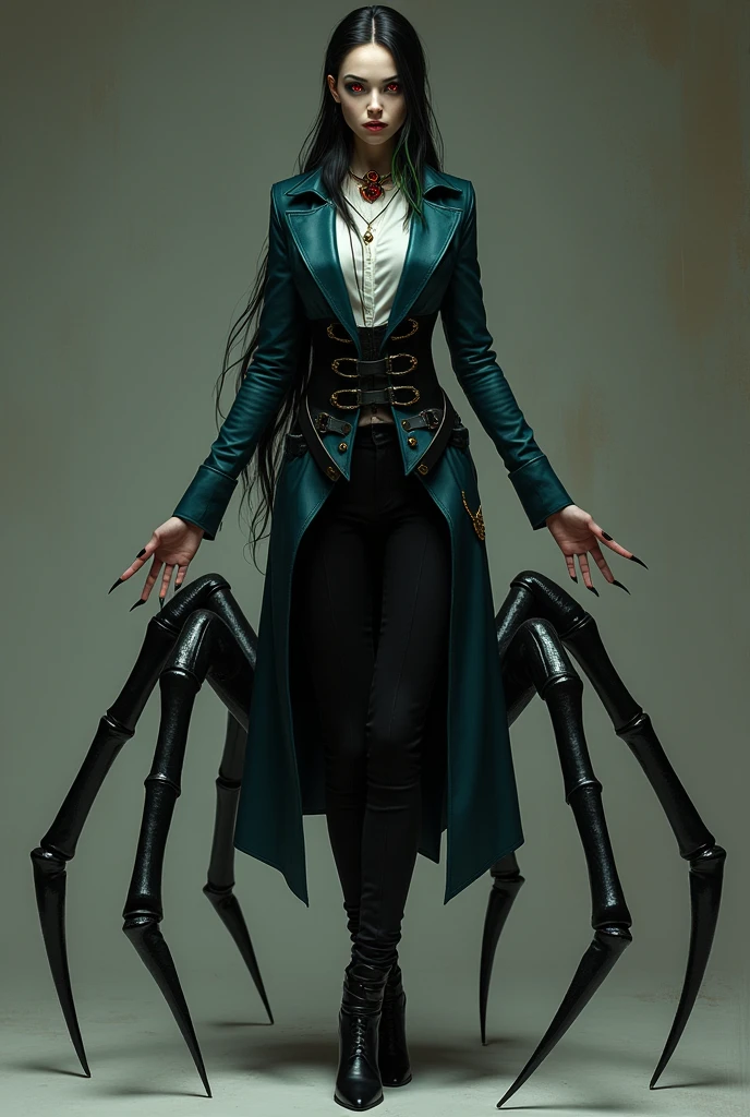 create a villain who is a 
Beautiful arachnid humanoid with long hair that reaches to her waist, tied in black with green highlights. She wears a jacket that reaches to her knees with buckles. She has a dress shirt with long blue sleeves, also with black dress pants with black boots. He also has 6 completely red eyes and has spider legs on his back that are large and 
 He has a necklace in the shape of a spider. His hands also have claws. His skin is gray. He also has green sunglasses. He also has