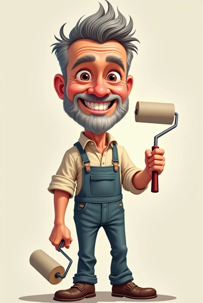 2D style caricature of a friendly gentleman in his 40s, with a little gray hair, that he is a house painter and that he has a roller in his hand, I also want him to have a small beard 
