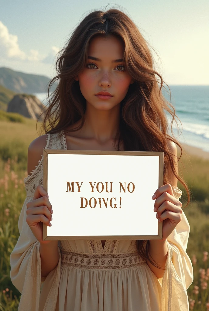 Beautiful girl with wavy long hair, bohemian dress, holding a white board with text "I Love Seaart Infinity" and showing it to the viewer