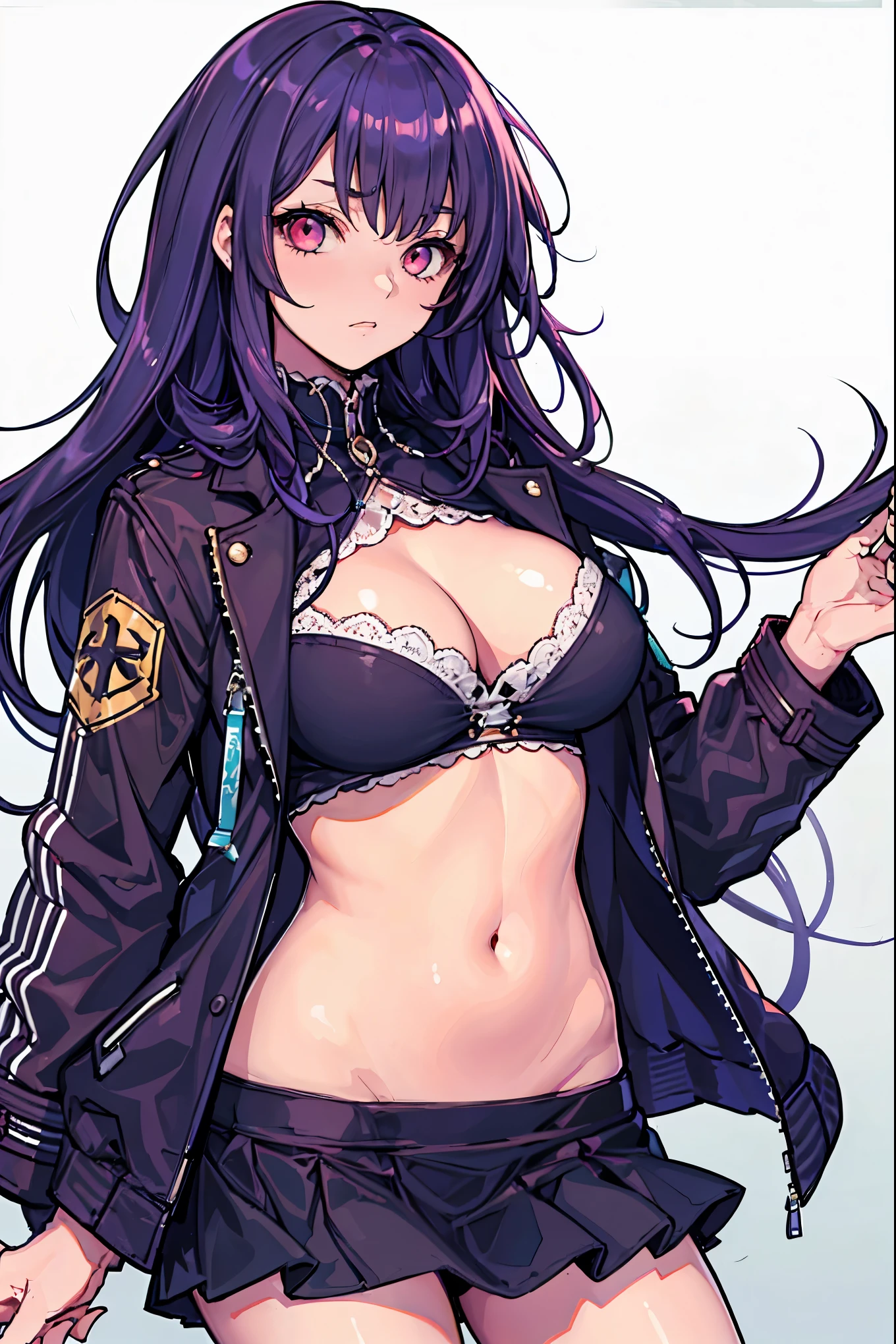 1girl, white background, red eyes, long hair, purple hair, bangs, jacket, crop top, mini skirt, large breasts, cleavage, soft stomach