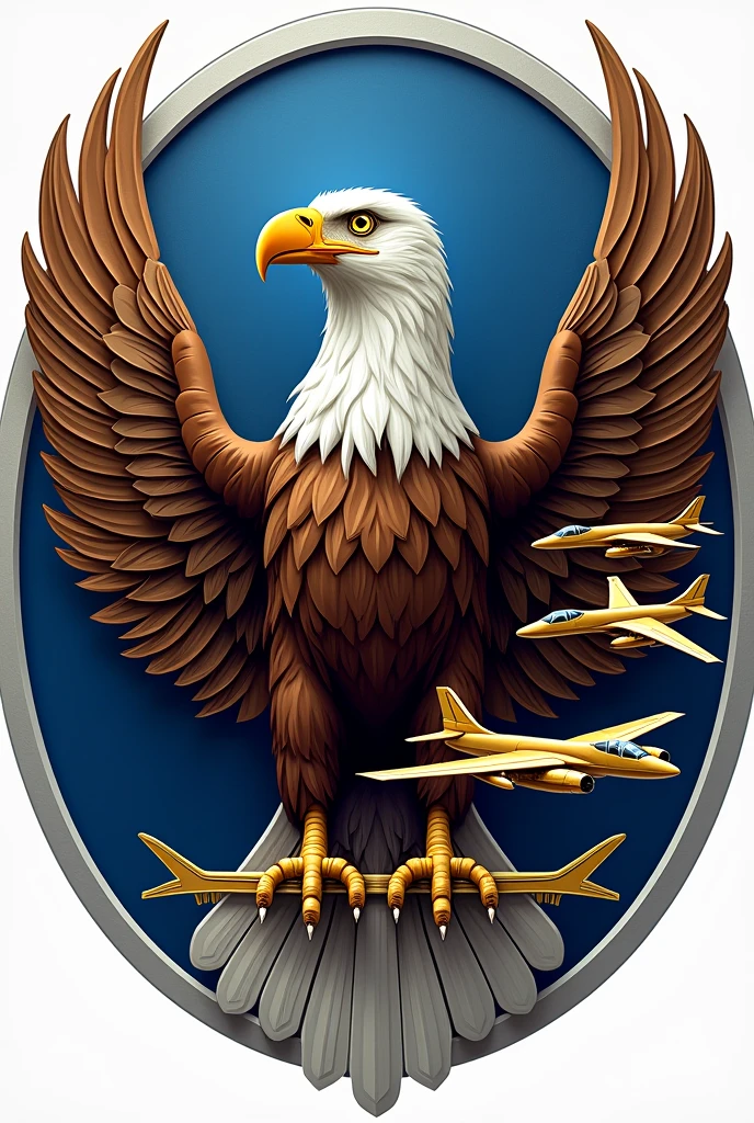 Round coat of arms containing an eagle looking sideways over its left wing, blue background with miniatures of gol aircraft on the right side of the eagle's wing.