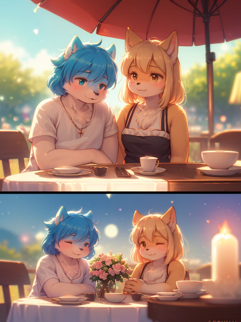 (Sumilux f1.4 50mm , low Latitude old color negative film , cross process , (bokeh), flare, chromatic aberration , soft focus, (Shallow focus) , soft glow , Maximum aperture, high Key , Transparent depiction , Tyndall) , An elderly animal couple's lovey-dovey date , A relaxed sex life , loose body , cafe terrace