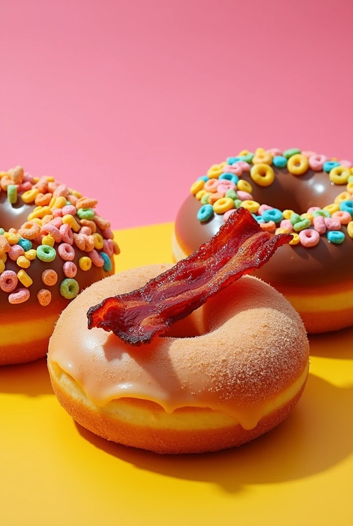 An advertisement for a donut company called CinnaDon and that has bacon donuts, mashmello y cereal
