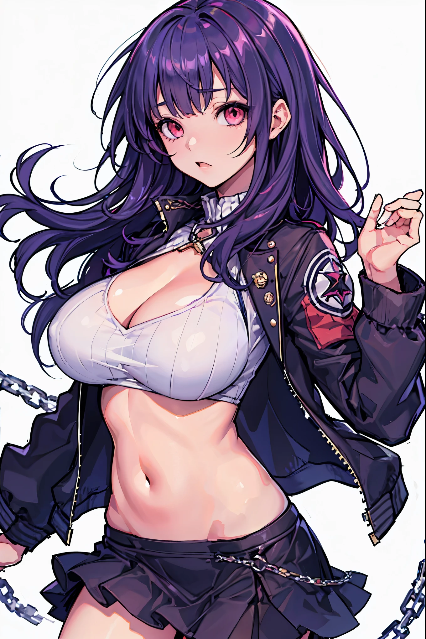 1girl, white background, red eyes, long hair, purple hair, bangs, jacket, crop top, mini skirt, large breasts, cleavage, soft stomach