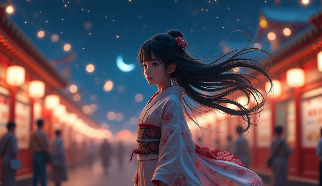 (8K、top-quality、​masterpiece:1.2)、 (realisitic、Photorealsitic:1.37)、 ultra-detailliert、DJ Soda、 1 girl in、full body Esbian、Wear Japanese clothes and stroll through the festival、 cute little、 Beautiful detailed sky、Night, Dark, Moon, tiny chest、 beatiful detailed eyes、 (length hair:1.2)、 Floating Hair Novafrog Style、