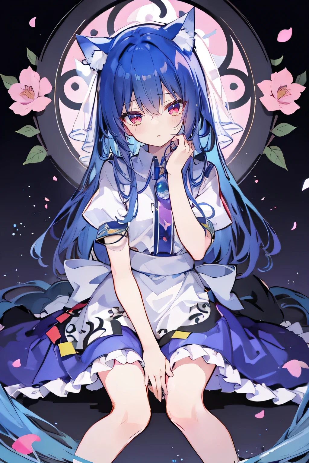 (masterpiece:1.2),Extremely detailed,Practical,expressive eyes,Fair skin,Perfect face shaping,1 Girl,
Japanese cartoons,Gorgeous blue hair, the long flowing blue hair,Floating clothes,Cat ears,Petals fall,beautiful lola,Young Angel,
Place your hands on your waist,sit elegantly on the ground,Cross your legs,Gentle and peaceful background,church,nun，Place your hand on your lips，Shy face。