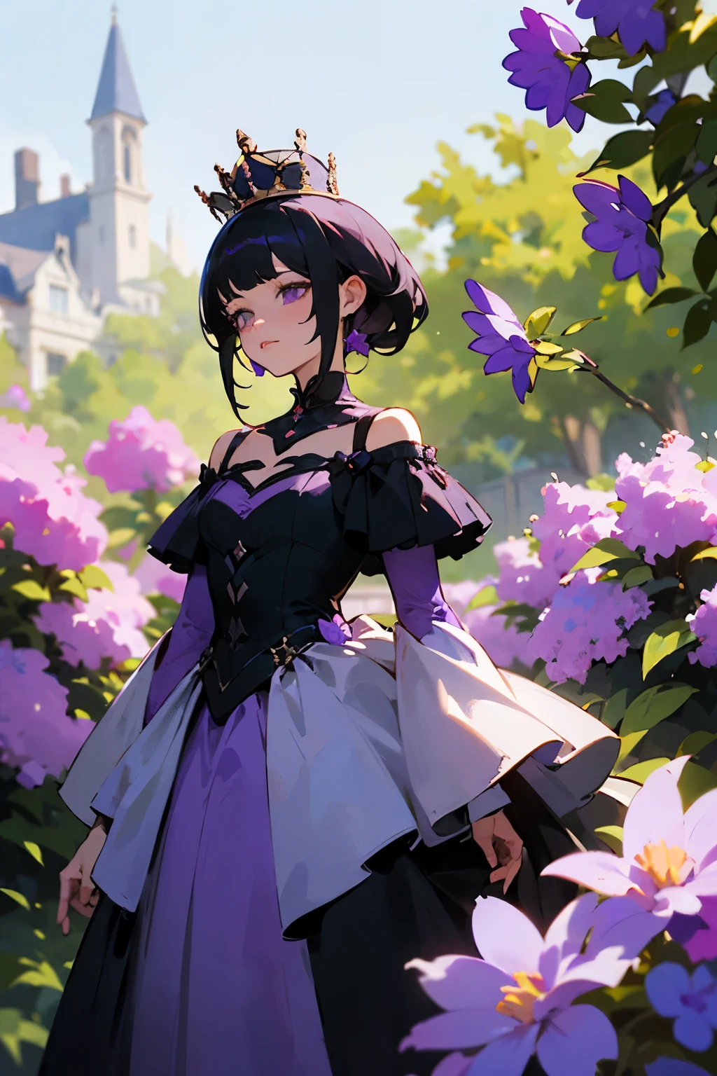 ((best qualityer)), ((work of art)), (detailded), 1 queen, dark purple off-the-shoulder dress with black details, black hair with purple tips, in front of a garden with purple and violet flowers