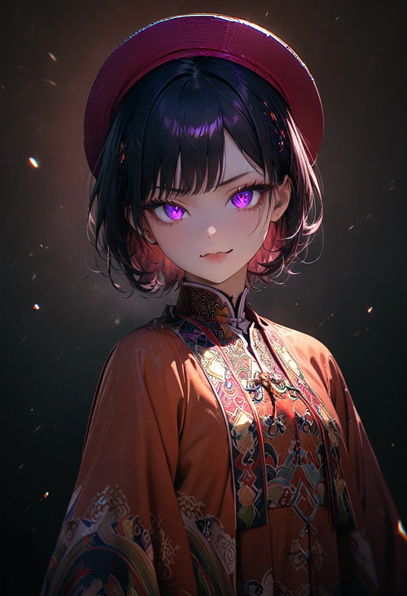 (masterpiece, best quality:1.2), super detailed, extreme detailed, portrait, 1girl, solo, beautiful face, short black hair with bang, glowing purple eyes, detailed eyes, pretty lipstick, spider fangs, smirk, evil expression, standing, yellow clothing, nhat binh clothing, hat, long sleeves, wide sleeves, white fog background, East Asia Theme, soft focus, ((cowboy shot)), look at the viewer, tilt head, lens flare, DeepNegative_xl_v1