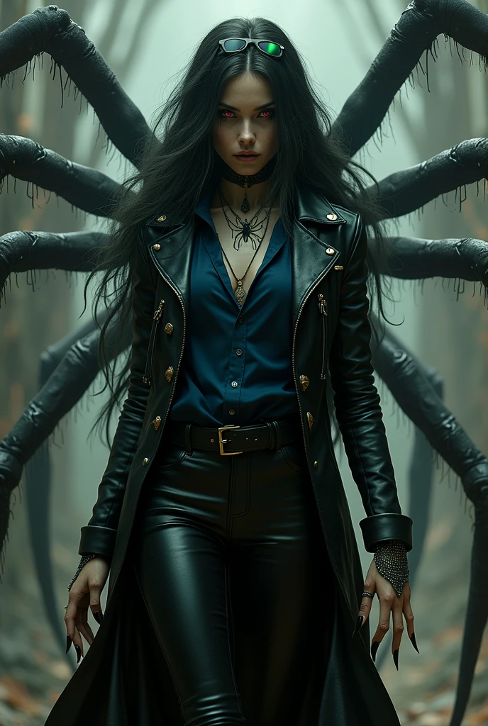 create a villain who is a
Beautiful arachnid humanoid with long hair that reaches to her waist, tied in black with green highlights. She wears a jacket that reaches to her knees with buckles. She has a dress shirt with long blue sleeves, also with black dress pants with black boots. He also has 6 completely red eyes and has spider legs on his back that are large and
He has a necklace in the shape of a spider. His hands also have claws. His skin is gray. He also has green sunglasses. He also has