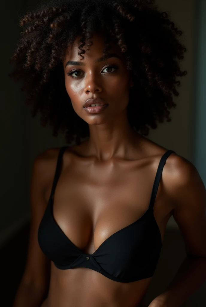 (full body, editorial photograph of a 21 year old woman), araffed woman in a black bra top posing for a picture, violet myers,  with dark complexion, portrait sophie mudd, seductive lady, young black woman, in a black betch bra, black bra, gorgeous latina face, photo of a black woman, photo of a beautiful woman, black young woman, olive skinned, she has olive brown skin,, (highly detailed face:1.4) (smile:0.7) (background inside dark, moody, private study:1.OV, by lee jeffries, nikon d850, film stock photograph ,4 kodak portra 400 ,camera f1.6 lens ,rich colors ,hyper realistic ,lifelike texture, dramatic lighting , cinestill 800,