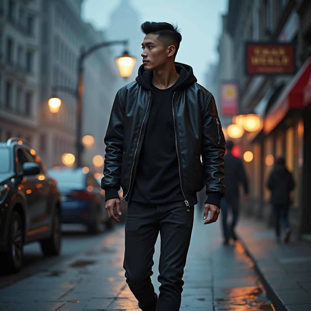 Masterpiece photo of Young skinny asian man with neat short hair combed side, wearing black tshirt, leather jacket bomber with hoodie, black jeans and white sneakers. Walking on sidewalk, dramatical street lamp light, with misterious misty cityscape, majestic sky. other Pedestrian is walk by at the distance. Other Pedestrians move make a motion blur effect, but high detail on main subject, rule of third, professional photography image.