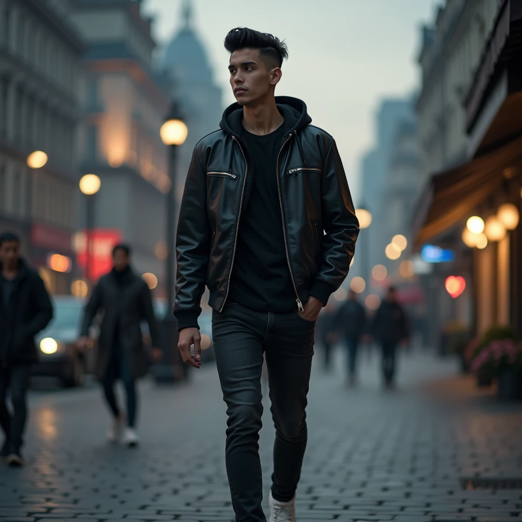 Masterpiece photo of Young skinny asian man with neat short hair combed side, wearing black tshirt, leather jacket bomber with hoodie, black jeans and white sneakers. Walking on sidewalk, dramatical street lamp light, with misterious misty cityscape, majestic sky. other Pedestrian is walk by at the distance. Other Pedestrians move make a motion blur effect, but high detail on main subject, rule of third, professional photography image.