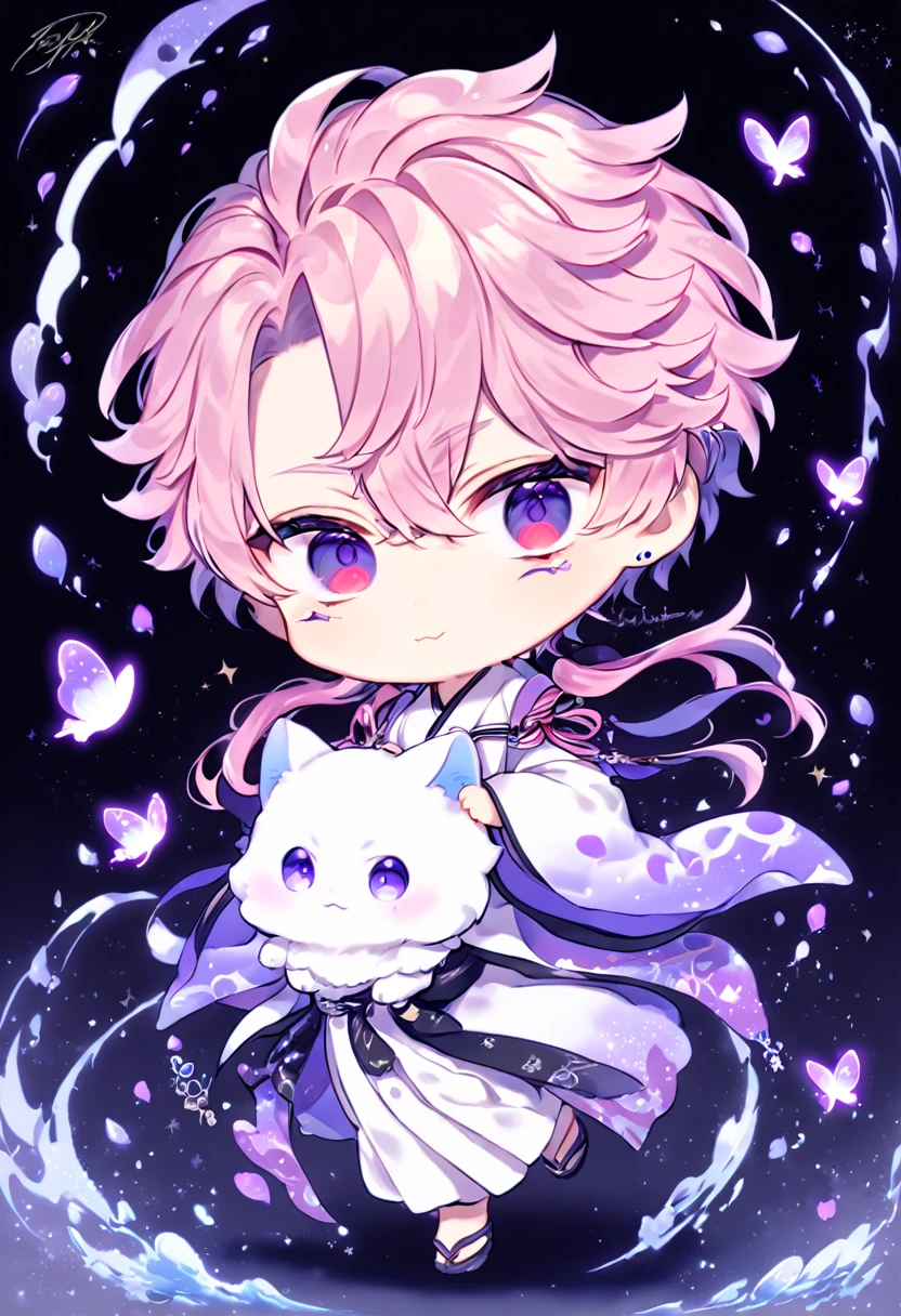 Ultra detailed, HDR, Highres, absurdres, master piece, Ryoumen Sukuna chibi, pink hair, expressive red eyes, white kimono, Jujutsu Kaise, cute, adorable, holding a white fluffy cat, purple flowers, petals, fantasy, magical, purple leaves, handsome, best quality, glittering, water, purple shining fireflies, solo, small purple butterflies,