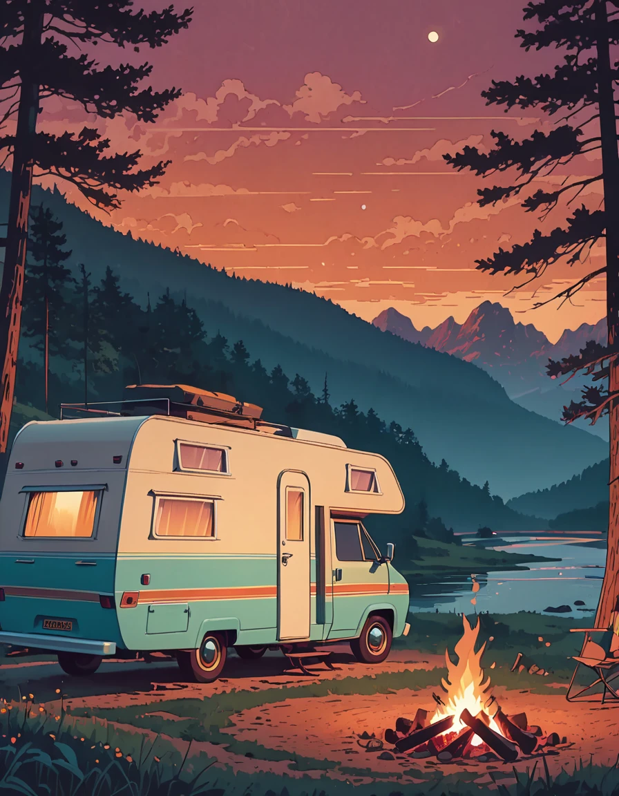 A motorhome parked next to a campfire, evening, illustrative animation style, beautiful digital illustration, awesome digital illustration, ( ( ( ( ( y mumford ) ) ) ) ), Featured on IllustrationX, Illustration of dribbling, beautiful retro art, wonderful compositions, camping, detailed landscape art, in the style y mumford artwork, simon stålenhag color scheme