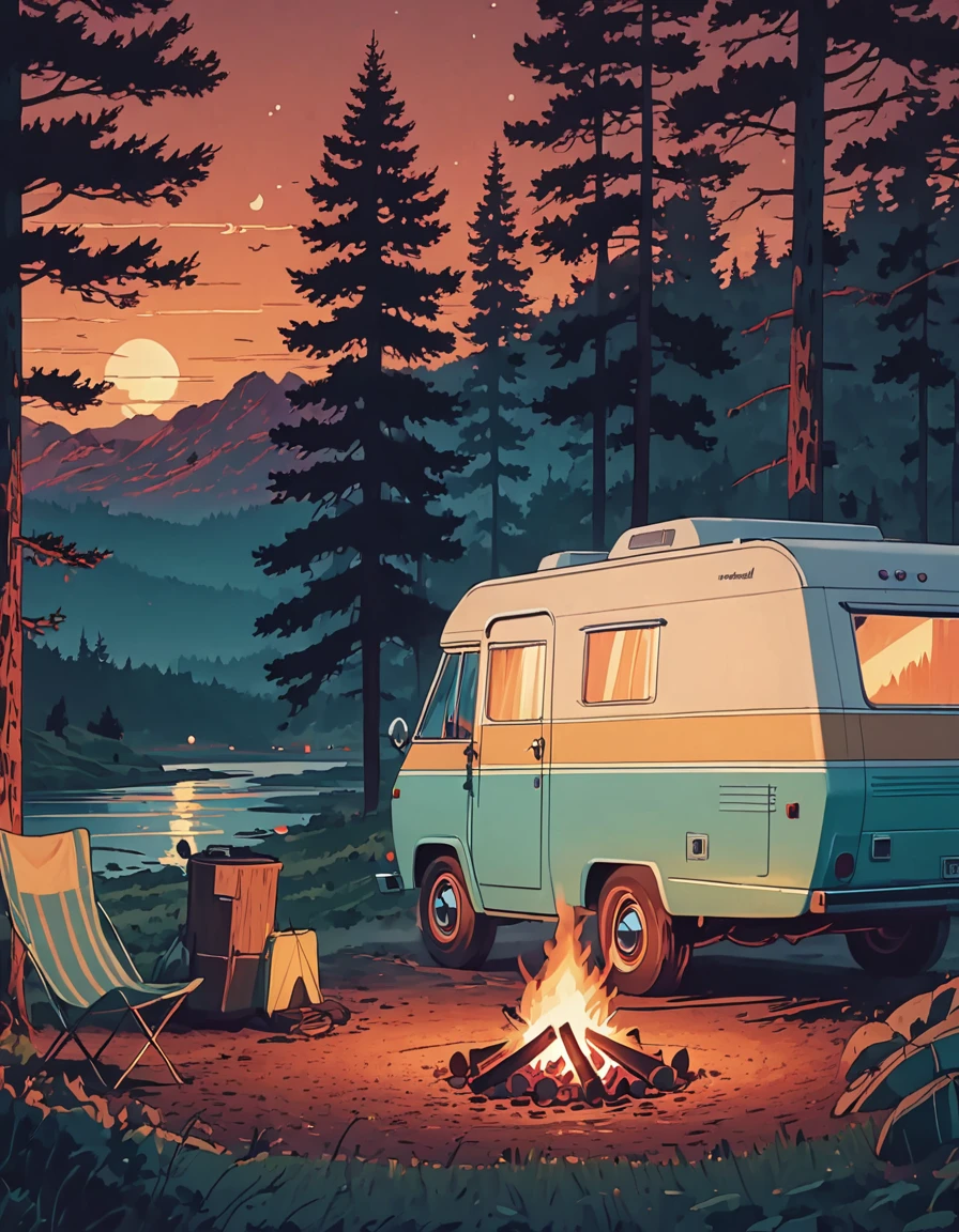 A motorhome parked next to a campfire, evening, illustrative animation style, beautiful digital illustration, awesome digital illustration, ( ( ( ( ( y mumford ) ) ) ) ), Featured on IllustrationX, Illustration of dribbling, beautiful retro art, wonderful compositions, camping, detailed landscape art, in the style y mumford artwork, simon stålenhag color scheme