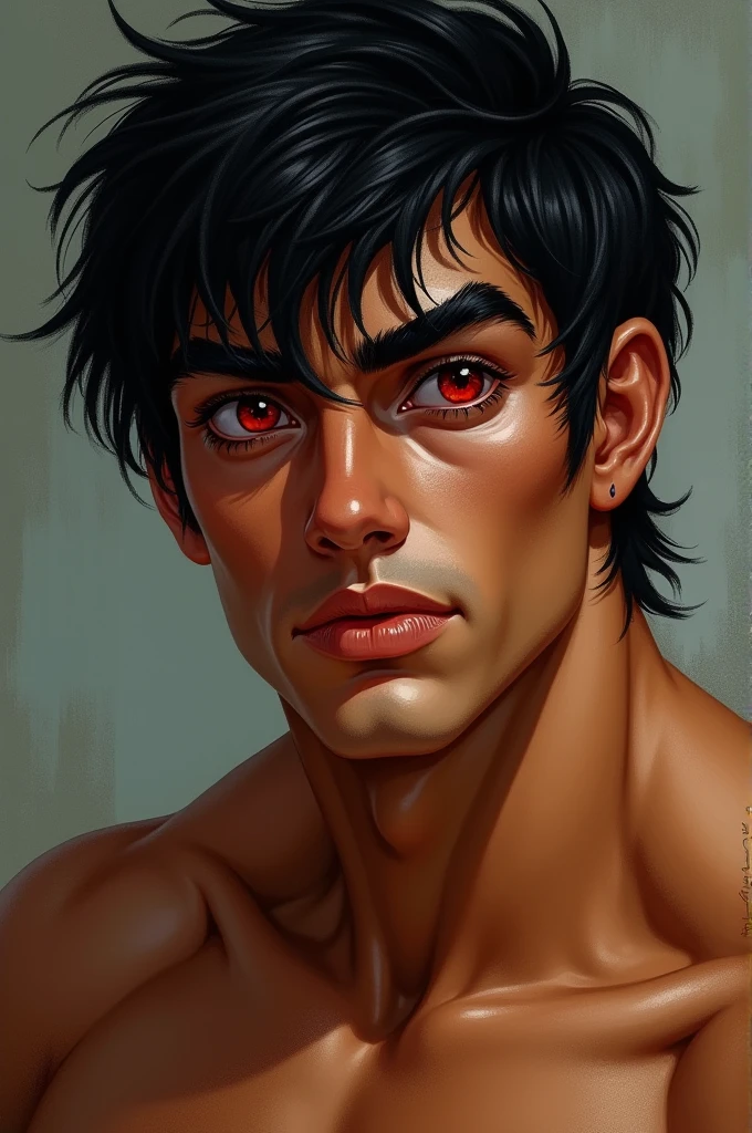 Man Almond-shaped red eyes, marked chin, bushy eyebrows and black hair.
Cinnamon skin and a stocky figure