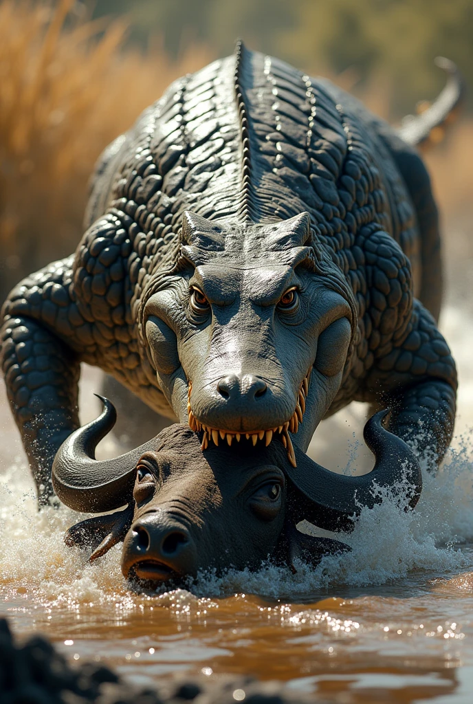 A powerful crocodile with its jaws clamped onto a massive buffalo, the scene capturing the moment of victory in a wild African river. The crocodile’s scales glisten in the sunlight, showcasing its strength and dominance, while the buffalo struggles in vain, water splashing violently around them. The background is a mix of murky river water and tall, dry grass, with the intense gaze of the crocodile locking in on its prey. The style is realistic, with dramatic lighting and intricate details, emphasizing the raw power and primal nature of the battle.the buffalo lying on the ground.