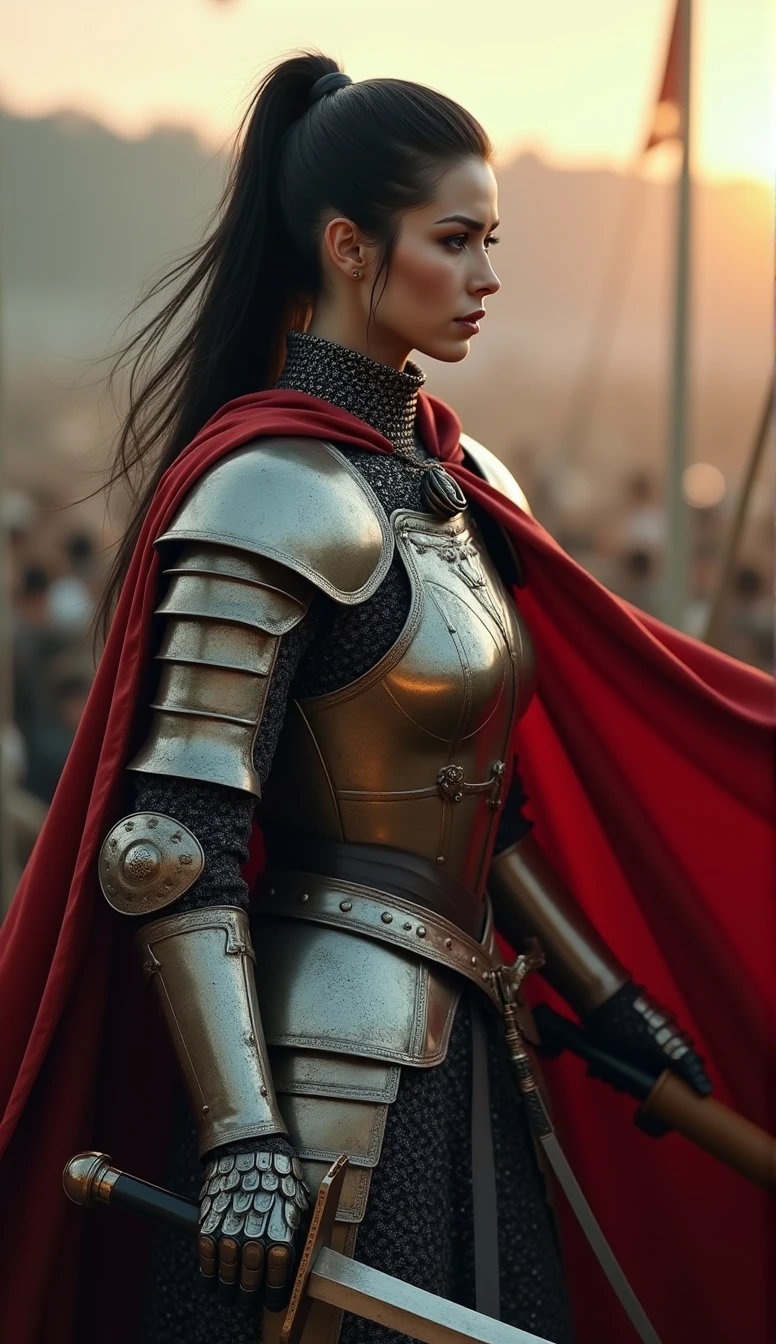 female rider wielding a sword on a battlefield , ((work of art, Maximum quality, high resolution, highly detailed 8K unified CG wallpaper)), (huge stunning photo of goddess, Very hot and sexy, jaw dropping beauty, perfect proportions, Body cute, Slim Body Beauty:1.3), (A medieval female rider in luminous armor:1.5), (Her long black hair is tied back, wearing armor, red cape on the back, used in finely crafted, detailed armor, with a sword hanging from a thick belt:1.5), visible thighs, from above view, female rider,