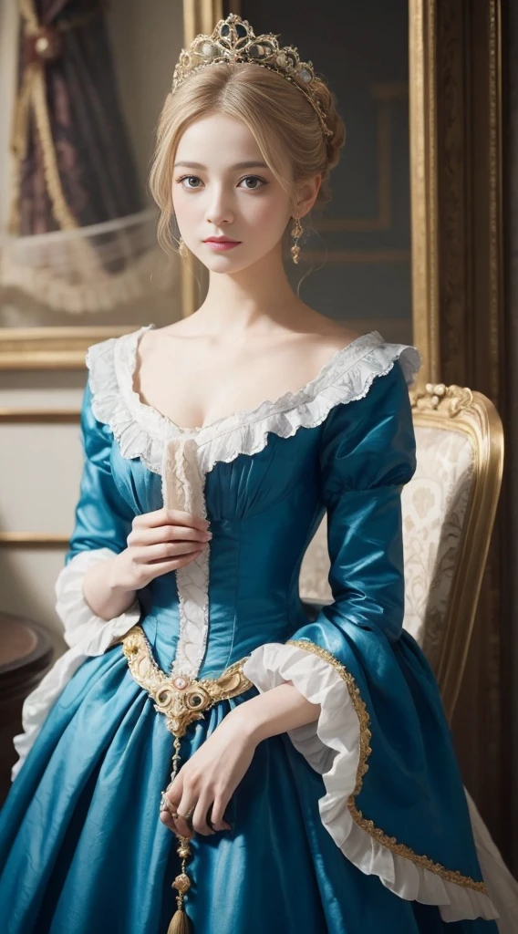 oil、Highest quality、masterpiece、One girl、Dresses from the Belle Époque era、Lady、Swedish、Blonde, Woman in blue dress, slim and small breasts, ロココQueen, rococo style portrait, Exquisite and aristocratic, Aristocratic appearance, Renaissance style, victorian aristocracy, 優雅なLadyとして, 1 7 th century duchess, princess, Queen, 1 8 th century style