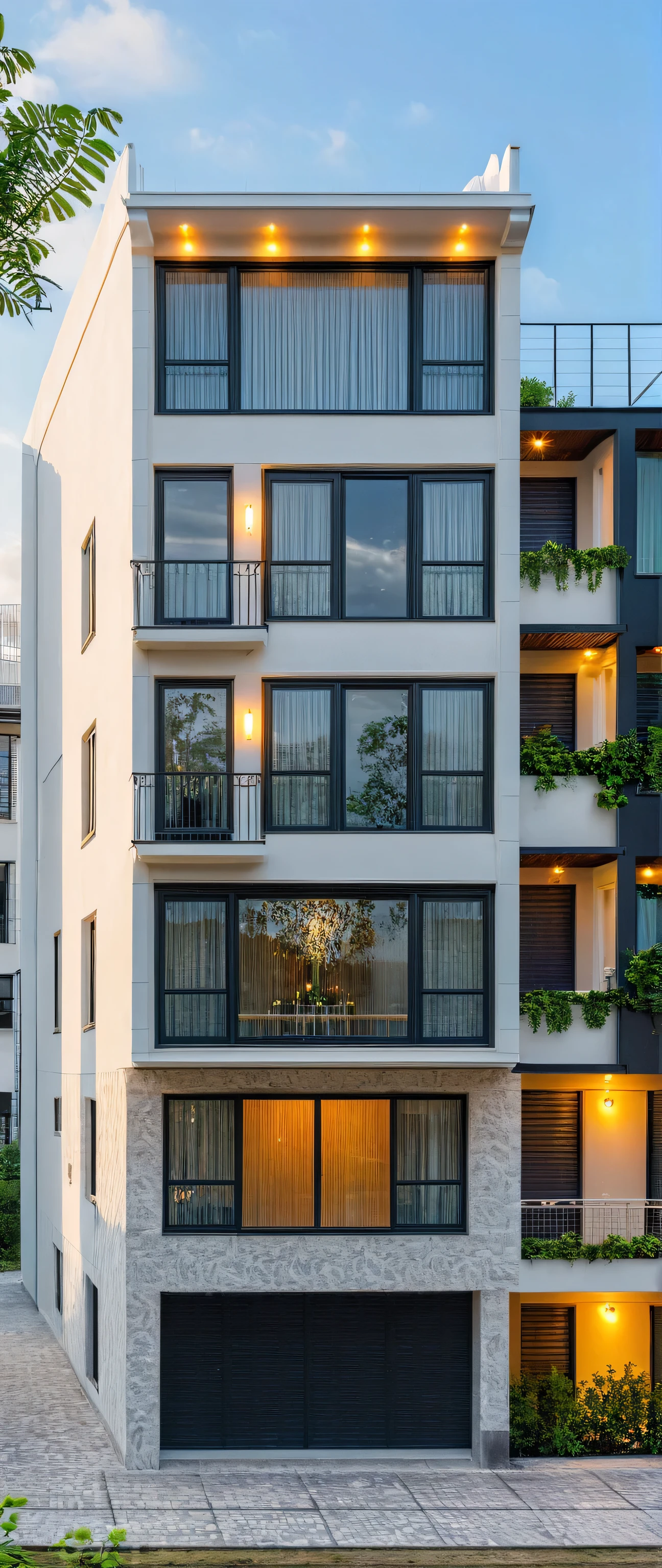 Masterpiece, high quality, best quality, authentic, super detail, outdoors, twostoreyvillaXL, aiaigroup, house style modern on the street, (white wall), road, pavement, grass, trees, sky, cloud, (daylight:1.1), 
