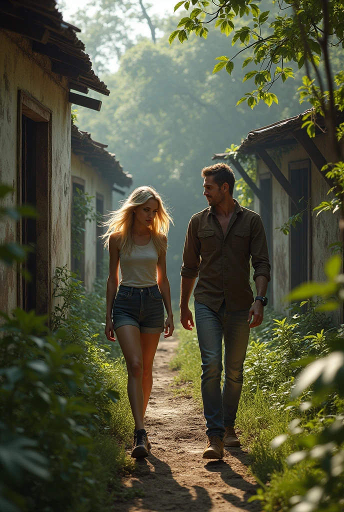 Generates an image of Maya Fritts a 30-year-old blonde woman with light eyes with Antonio a 30-year-old man the scene takes place in an abandoned Colombian farm called Hacienda Nápoles that has an abandoned zoo, As they enter the atmosphere is nostalgic. Use a realistic style.