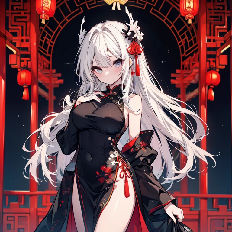 a girl，Sheep&#39;s horn, full color,  long white hair, Red眼睛 ，Eyeliner,  black transparent clothes, Red, open air, Rose, night, ruins, Butterfly，mine same as the original, mine, , (:1.2)
rest, (cheongsam), (view from below), (Put your arms behind your back), (wild lift), thin dress, Crotch cutout, best quality, high resolution, unified 8k wallpaper, (illustration:0.8), (Beautiful and delicate eyes:1.6), extremely detailed face, perfect lighting, Very detailed cg, (perfect hands, perfect anatomy),soles of feet，sitting，blond，red lips，Acting cuegs close-up