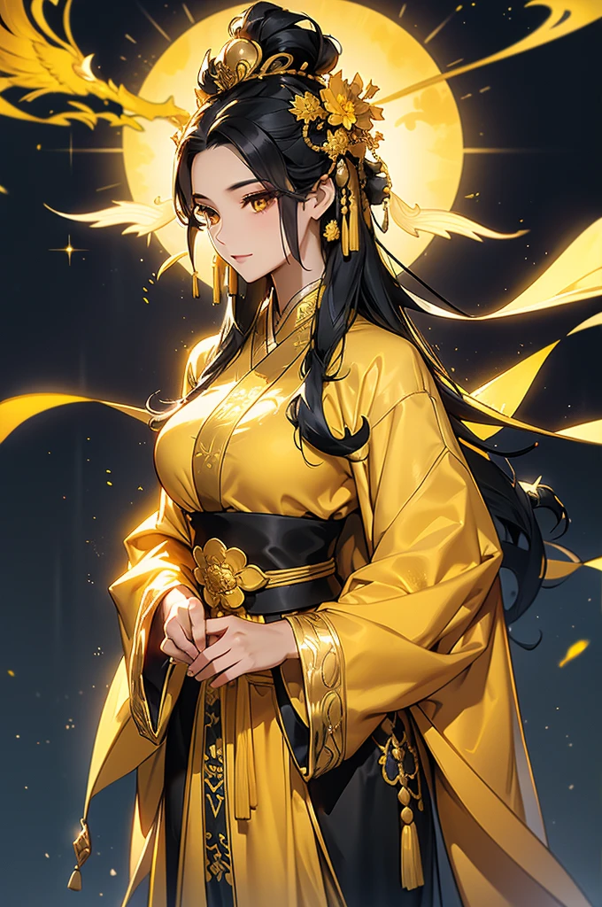 Black Hair, Immortal, Beauty, Royal sister, Stepmother, Gold Yellow Taoist robe, Golden Phoenix Coronet, Hair Bunch, Beautiful Breasts , Mature Woman，Sunshine