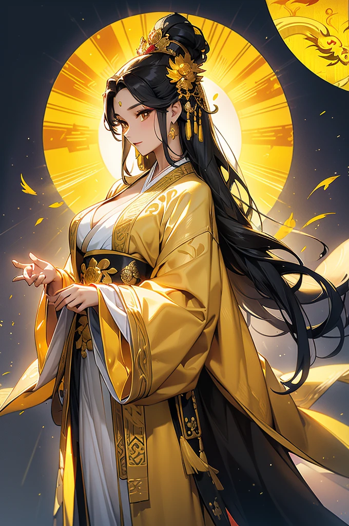 Black Hair, Immortal, Beauty, Royal sister, Stepmother, Gold Yellow Taoist robe, Golden Phoenix Coronet, Hair Bunch, Beautiful Breasts , Mature Woman,Sunshine