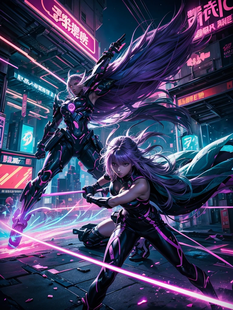 Vibrant, futuristic anime-style illustration set in a neon-lit cityscape. The layout features a central female character with purple hair, wearing a white and black outfit, holding a glowing sword. She stands confidently amidst floating debris and energy beams. Surrounding her are two other characters, one with long green hair and another with long blonde hair, both wielding weapons. The background is filled with colorful neon signs in various shapes and sizes, displaying text in different languages. The overall scene is dynamic and action-packed, with a strong emphasis on lighting and movement. The artist's name, 'SAYUKI,' is displayed in white text in the upper right corner.