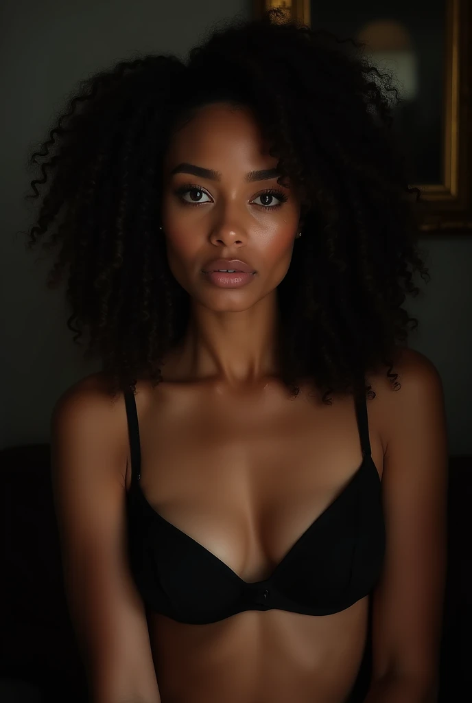 (full body, editorial photograph of a 21 year old woman), araffed woman in a black bra top posing for a picture, violet myers, with dark complexion, portrait sophie mudd, seductive lady, young black woman, in a black betch bra, black bra, gorgeous latina face, photo of a black woman, photo of a beautiful woman, black young woman, olive skinned, she has olive brown skin,, (highly detailed face:1.4) (smile:0.7) (background inside dark, moody, private study:1.OV, by lee jeffries, nikon d850, film stock photograph ,4 kodak portra 400 ,camera f1.6 lens ,rich colors ,hyper realistic ,lifelike texture, dramatic lighting , cinestill 800,