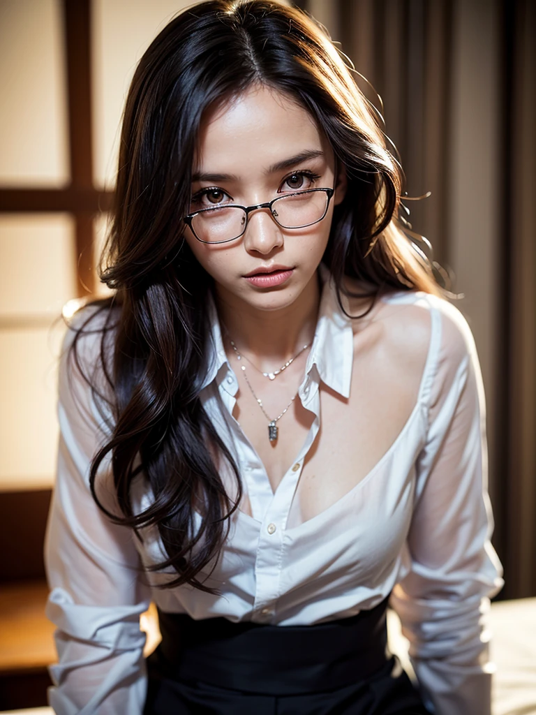 nsfw, (masterpiece:1.2, highest quality), (Realistic, photoRealistic:1.4), Beautiful illustrations, (Natural Side Lighting, Cinema Lighting), Written boundary depth, Beautiful thighs staring at the viewer, (((Face Focus, Upper Body))), 1 female, 30-year-old, alone, thin, slender, (small breasts), long Hair, Curly Hair, Forehead, Forehead, Forehead, Forehead, thin, slender, glasses, blouse, sexy pencil skirt, Are standing, ((Close-up)), ((Close-up)), ((Close-up))