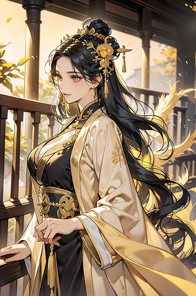 Black Hair, Immortal, Beauty, Royal sister, Stepmother, Gold Yellow Taoist robe, Golden Phoenix Coronet, Hair Bunch, Beautiful Breasts , Mature Woman,Sunshine