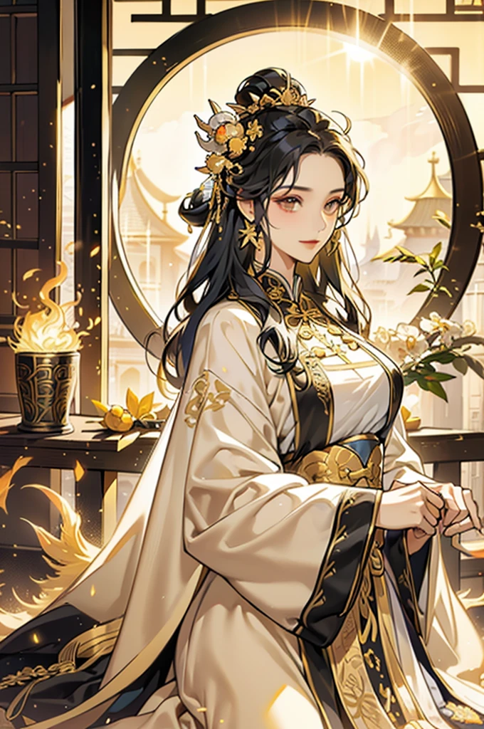 Black Hair, Immortal, Beauty, Royal sister, Stepmother, Gold Yellow Taoist robe, Golden Phoenix Coronet, Hair Bunch, Beautiful Breasts , Mature Woman,Sunshine