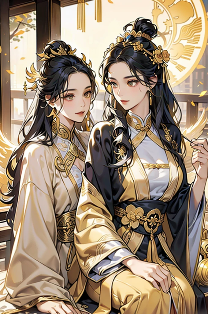 Black Hair, Immortal, Beauty, Royal sister, Stepmother, Gold Yellow Taoist robe, Golden Phoenix Coronet, Hair Bunch, Beautiful Breasts , Mature Woman,Sunshine