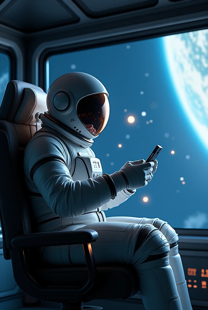 an Astronaut in Spacesuit, sitting on a research platform, space ship floating in the middle of deep dark space. Dramatic lighting from distant stars and planets illuminates the scene,. The Astronaut looking at the vast and mysterious universe with wonder and respect, through large window
