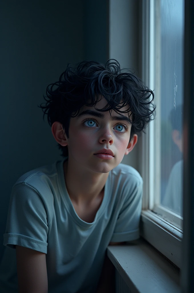 white boy, blue eye color,short wavy black hair color, bushy eyebrows , looking out his window