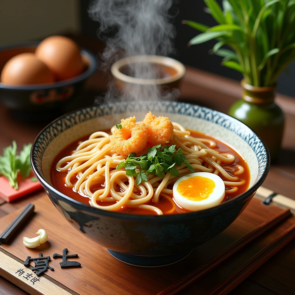 Japanese udon noodles advertisement,The noodles are chewy and have a rich variety of ingredients.,The table is decorated with some decorations on the side