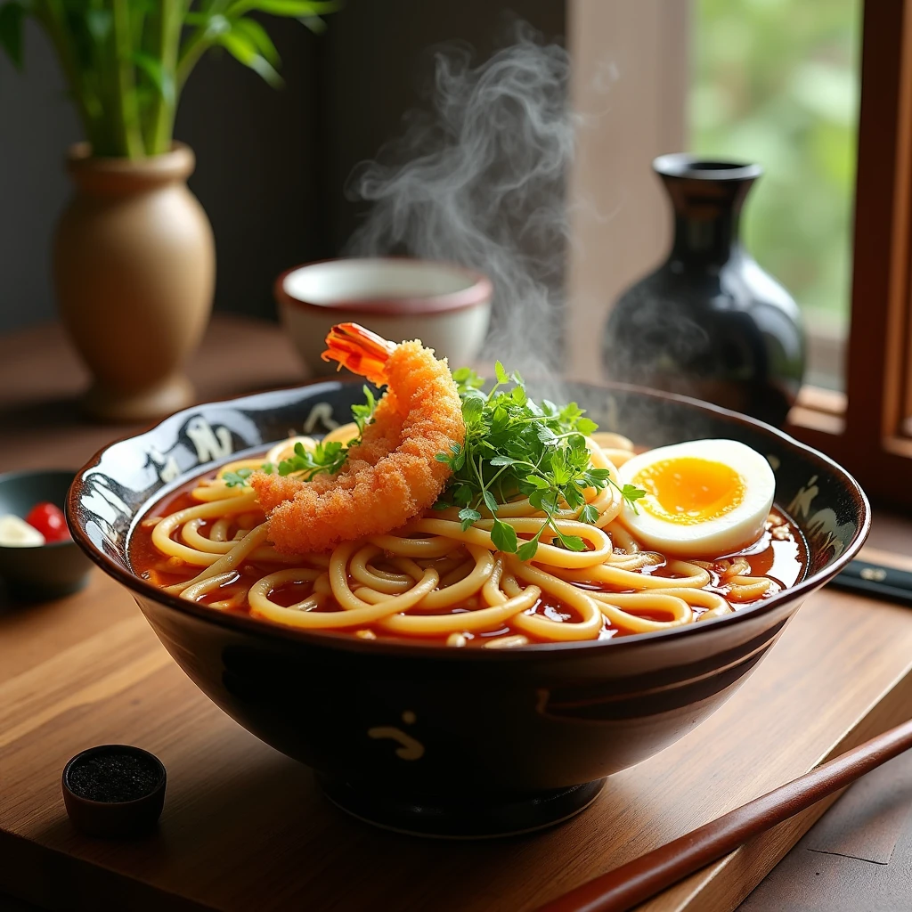 Japanese udon noodles advertisement,The noodles are chewy and have a rich variety of ingredients.,The table is decorated with some decorations on the side